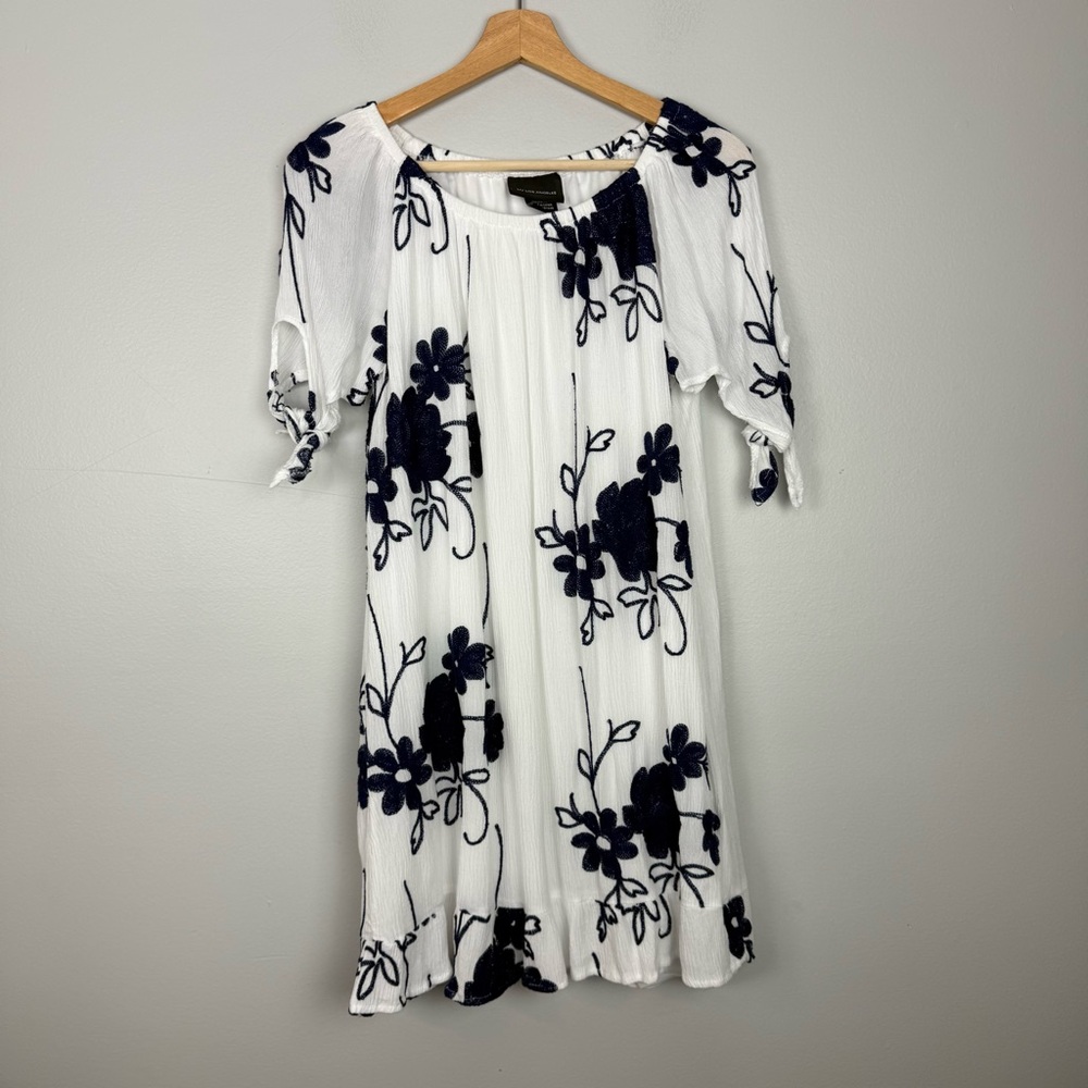 Anthropologie LIV White Navy Floral Tunic Mini Dress Embroidered  NWT size S